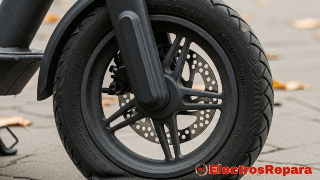 Un neumático de patinete eléctrico visiblemente desinflado o con baja presión. (Imagen que resalta un problema de mantenimiento simple pero efectivo).