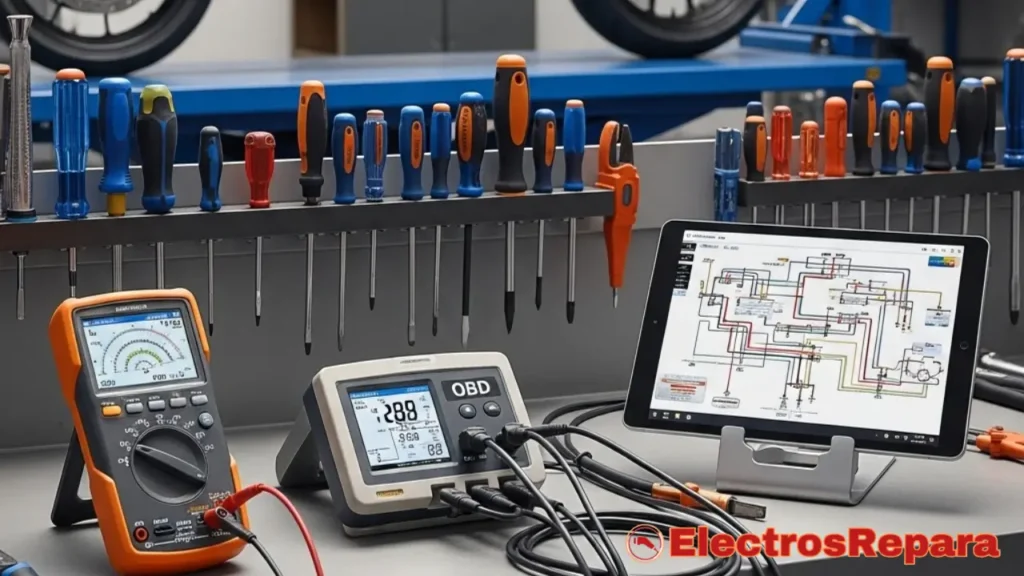 Una mesa de trabajo de taller con herramientas especializadas para diagnóstico de motos eléctricas: multímetro digital, escáner OBD, cables de diagnóstico, destornilladores, alicates, y una tablet mostrando diagramas eléctricos. En el fondo, una moto eléctrica parcialmente desmontada. Iluminación profesional de taller, colores industriales con toques de azul y naranja para resaltar las herramientas. Estilo realista y profesional.