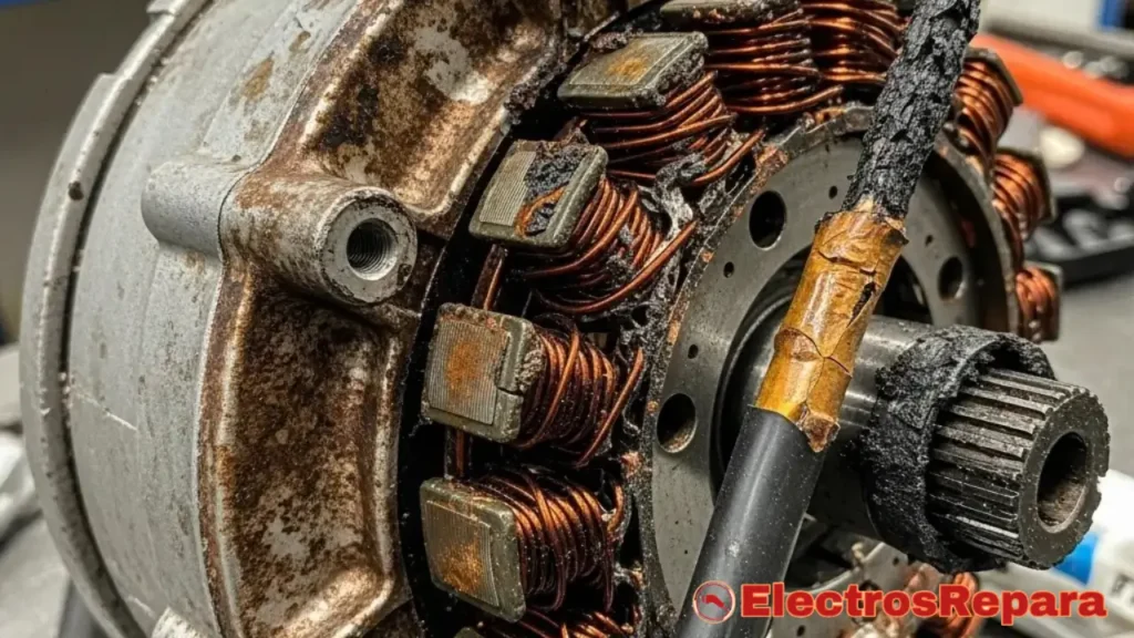 Un motor de moto eléctrica con signos de sobrecalentamiento, como decoloración o componentes visiblemente afectados por el calor. Esta imagen resalta el daño potencial y la necesidad de atención.