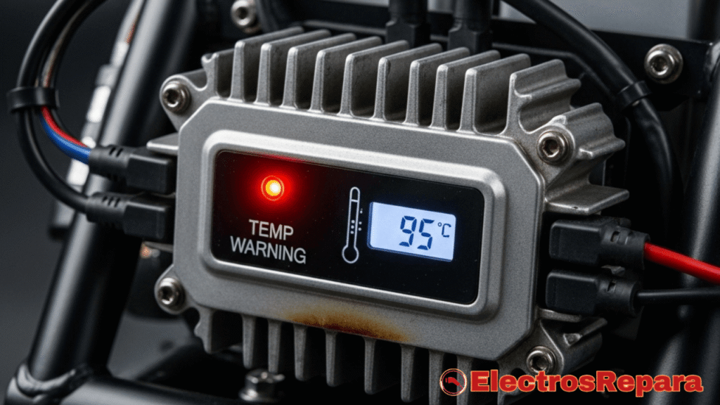 Un controlador de moto eléctrica con indicadores de sobrecalentamiento, como luces de advertencia o un termómetro digital mostrando alta temperatura. Esta imagen enfatiza la importancia del monitoreo de la temperatura.