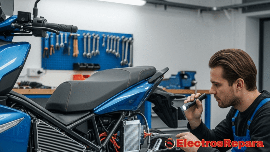 Un técnico realizando el mantenimiento preventivo de una moto eléctrica
