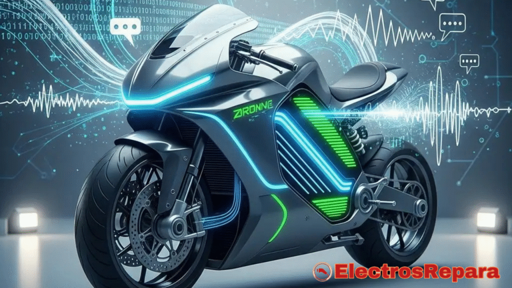 Una moto eléctrica estilizada y futurista, con líneas limpias y elegantes. Alrededor de la moto, elementos abstractos como flujos de datos, ondas de comunicación o códigos binarios, en tonos azules y verdes, que simbolizan la tecnología y la información. El fondo es neutro y moderno, con un enfoque en la conectividad y el diagnóstico inteligente. Estilo digital, limpio y tecnológico.