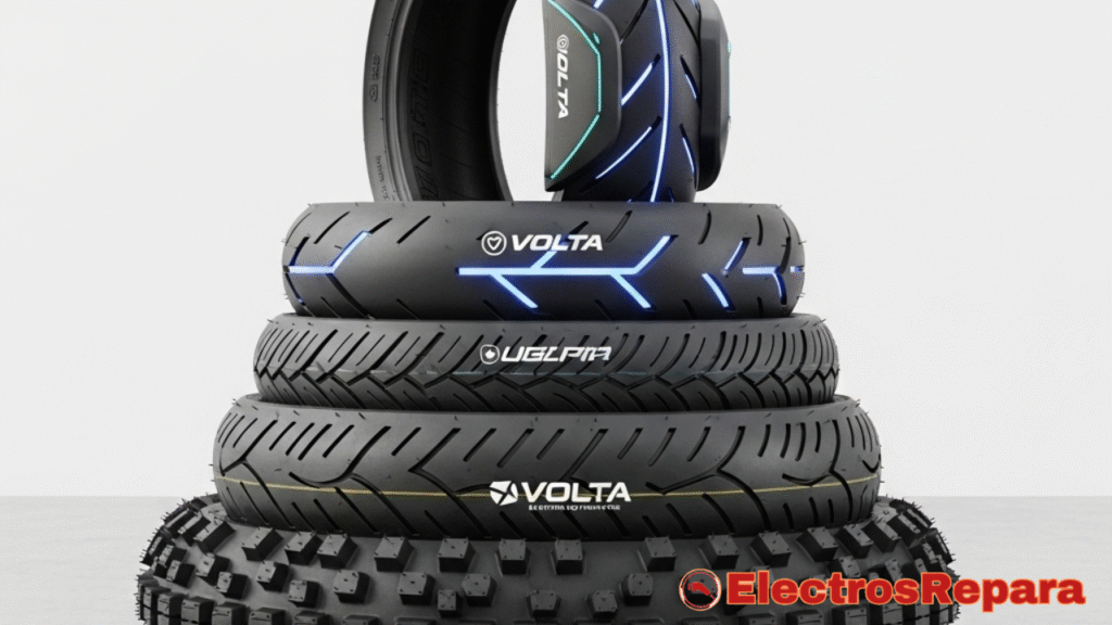 Una composición visual que muestre diferentes tipos de neumáticos para motos eléctricas, quizás apilados o dispuestos artísticamente. Cada neumático puede tener un patrón de banda de rodadura distinto para representar diferentes usos (ciudad, off-road, etc.). Podría incluir un neumático con un diseño futurista para motos eléctricas. Estilo limpio y minimalista, con buena iluminación que resalte las texturas y formas de los neumáticos.