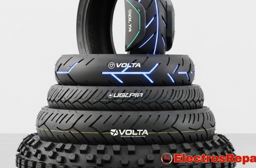 Una composición visual que muestre diferentes tipos de neumáticos para motos eléctricas, quizás apilados o dispuestos artísticamente. Cada neumático puede tener un patrón de banda de rodadura distinto para representar diferentes usos (ciudad, off-road, etc.). Podría incluir un neumático con un diseño futurista para motos eléctricas. Estilo limpio y minimalista, con buena iluminación que resalte las texturas y formas de los neumáticos.