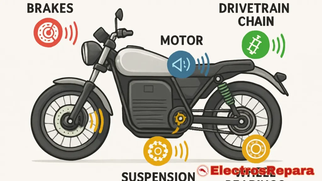 Esta ilustración de estilo caricaturesco de una motocicleta eléctrica destaca las áreas comunes que pueden producir ruidos inusuales. La imagen etiqueta componentes clave como "FRENOS" (con ondas de sonido rojas que emanan de la rueda delantera), "MOTOR" (con ondas de sonido azules provenientes de la carcasa del motor), "TRANSMISIÓN CADENA" (con ondas de sonido verdes desde la cadena), "SUSPENSIÓN" (con ondas de sonido amarillas cerca de la suspensión trasera) y "RODAMIENTOS DE RUEDA" (con ondas de sonido amarillas en el buje de la rueda trasera). Estas señales visuales se relacionan directamente con el tema de identificar y solucionar ruidos extraños en una motocicleta eléctrica, lo que la convierte en una ayuda visual clara e informativa para un artículo sobre este tema.
