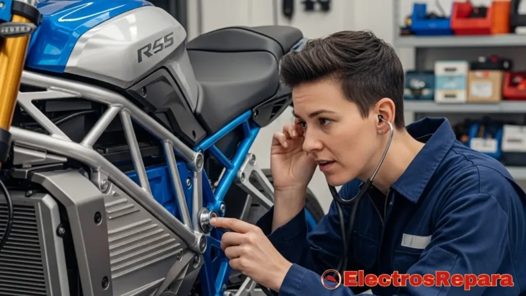 un técnico o mecánica utilizando un estetoscopio automotriz para diagnosticar ruidos en una motocicleta eléctrica, con el objetivo de identificar la fuente exacta de los "ruidos moto eléctrica". Es una representación visual clave del proceso de escucha atenta y diagnóstico profesional mencionado en el artículo.