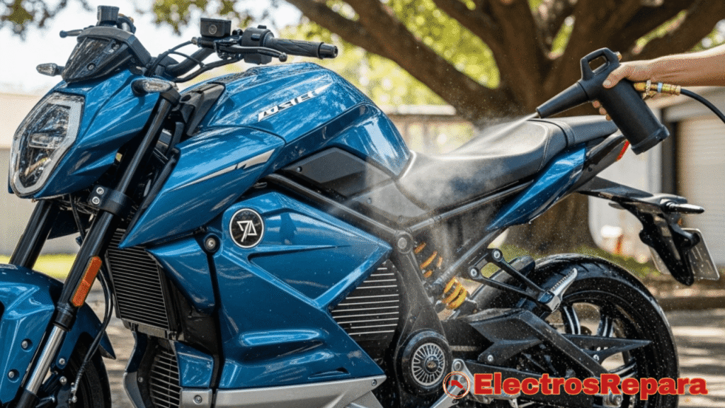 Una moto eléctrica siendo lavada suavemente con una manguera de baja presión, mostrando el agua y el jabón limpiando la carrocería. Enfoque en la limpieza detallada.