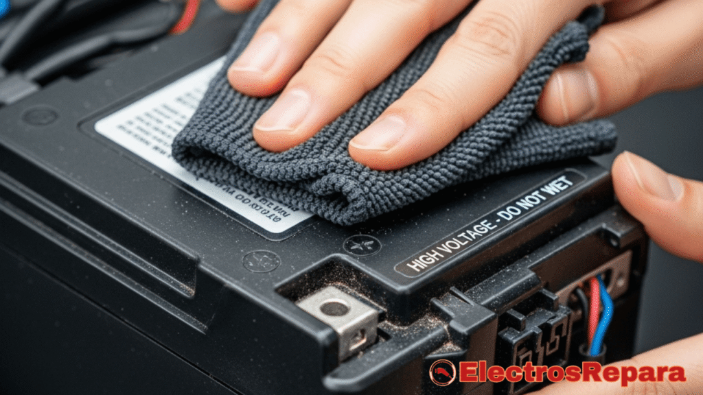 Primer plano de una persona limpiando la batería de una moto eléctrica con un paño seco, enfatizando la delicadeza y la importancia de no mojar los componentes eléctricos