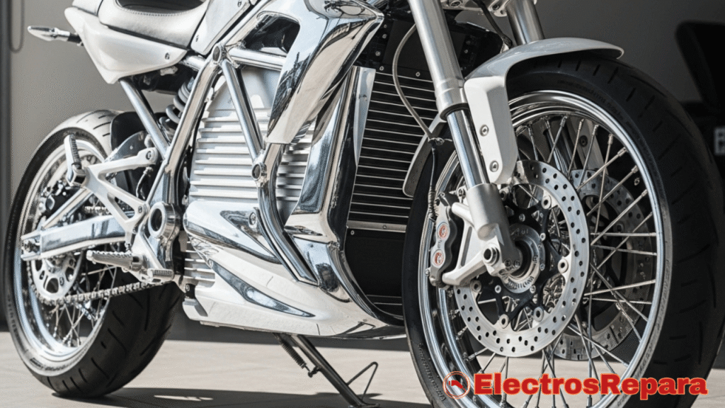 Una moto eléctrica brillante y pulcra, con detalles de sus componentes relucientes, como si acabara de ser limpiada y cuidada. Transmitir la idea de una moto impecable y bien mantenida.