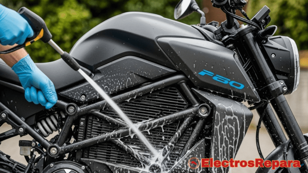 Una moto eléctrica secándose al aire libre en un lugar sombreado, con un soplador o aire comprimido eliminando el agua de las zonas difíciles