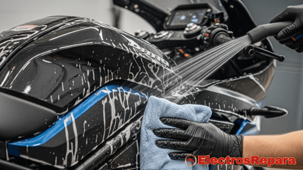 Una moto eléctrica siendo lavada suavemente con una manguera de baja presión, mostrando el agua y el jabón limpiando la carrocería. Enfoque en la limpieza detallada."
