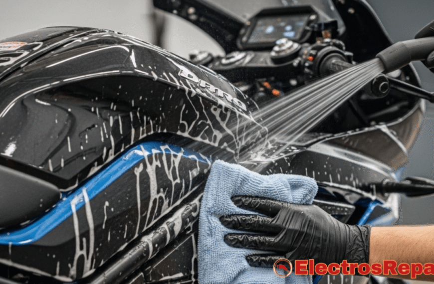 Una moto eléctrica siendo lavada suavemente con una manguera de baja presión, mostrando el agua y el jabón limpiando la carrocería. Enfoque en la limpieza detallada."