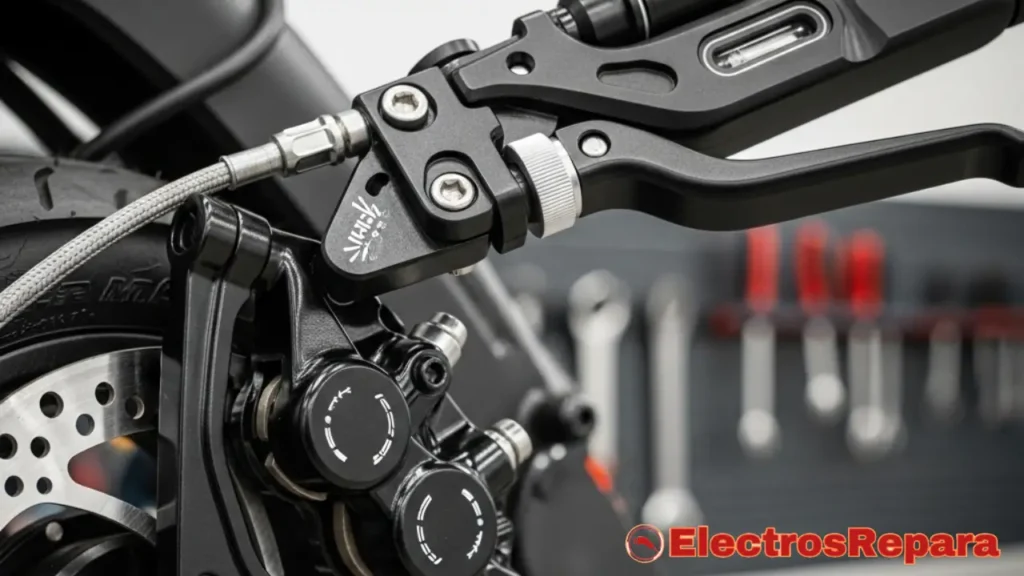 Un kit de freno hidráulico para scooter eléctrico, con enfoque en la pinza y la maneta de freno.
