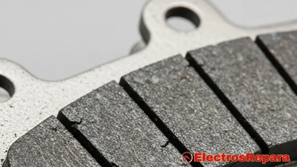 Pastillas de freno de moto eléctrica desgastadas, mostrando el material de fricción gastado.