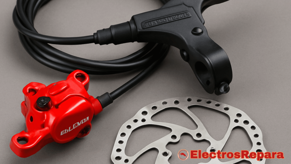 Un kit de freno hidráulico para scooter eléctrico, con enfoque en la pinza y la maneta de freno.