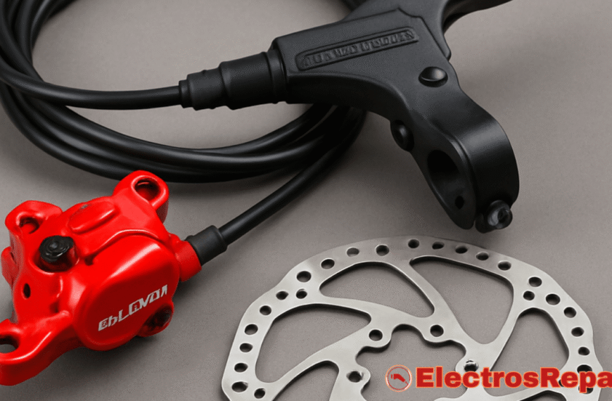 Un kit de freno hidráulico para scooter eléctrico, con enfoque en la pinza y la maneta de freno.