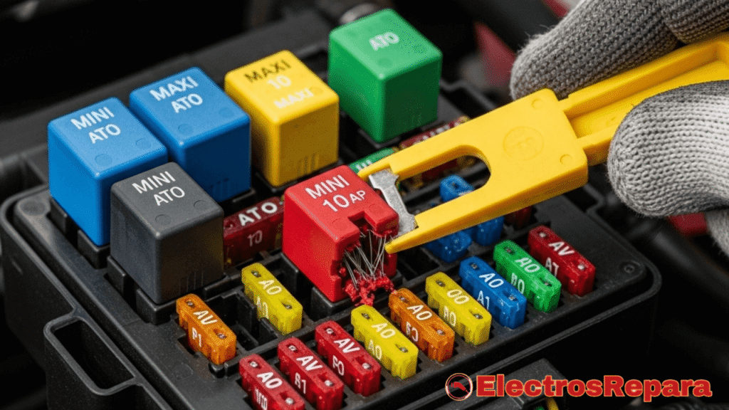 Primer plano de una caja de fusibles de coche eléctrico, con un fusible quemado resaltado, y una mano con una pinza para fusibles. Esta imagen muestra una de las soluciones sencillas para problemas eléctricos menores que pueden impedir el arranque del coche.