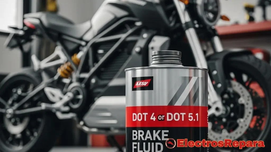 Un recipiente de líquido de frenos DOT4 o DOT5.1, con una moto eléctrica de fondo borroso.