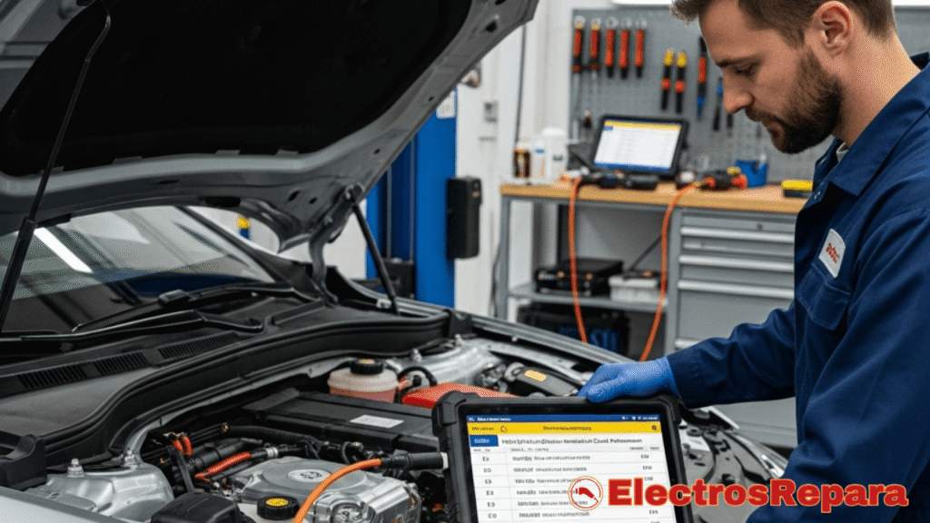Un técnico utilizando un dispositivo de diagnóstico conectado a un coche eléctrico, mostrando una pantalla con códigos de error o información de la batería. Esta imagen representa el proceso de diagnóstico profesional para identificar la causa de un problema de arranque.