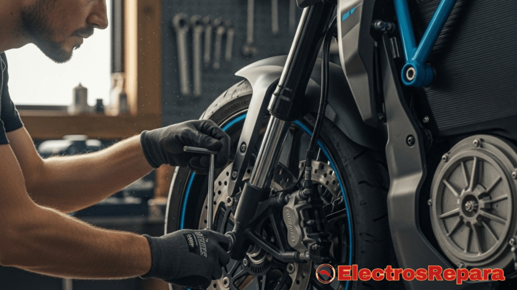 Asegura tu viaje: Descubre la importancia de la regulación y el mantenimiento de frenos de tu moto eléctrica. Esta imagen captura a un técnico experto realizando ajustes precisos, garantizando la seguridad y el rendimiento óptimo. Aprende a mantener tus frenos en perfecto estado para una conducción confiable y sin preocupaciones. ¡Tu seguridad es nuestra prioridad!"