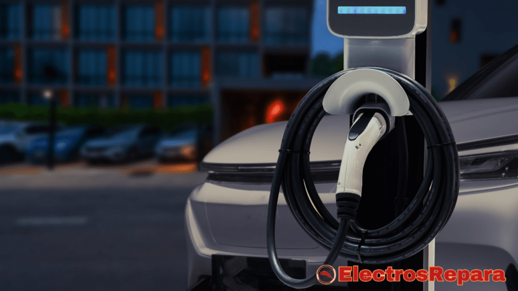 un coche eléctrico blanco cargando al anochecer. Un cable de carga negro, sin daños, conecta el vehículo a un poste de carga moderno con pantalla azul. El logo "ElectrosRepara" se superpone. La escena urbana de fondo, ligeramente desenfocada, complementa la vista de un cable de carga de coche eléctrico bien mantenido, transmitiendo seguridad y eficiencia en la carga.