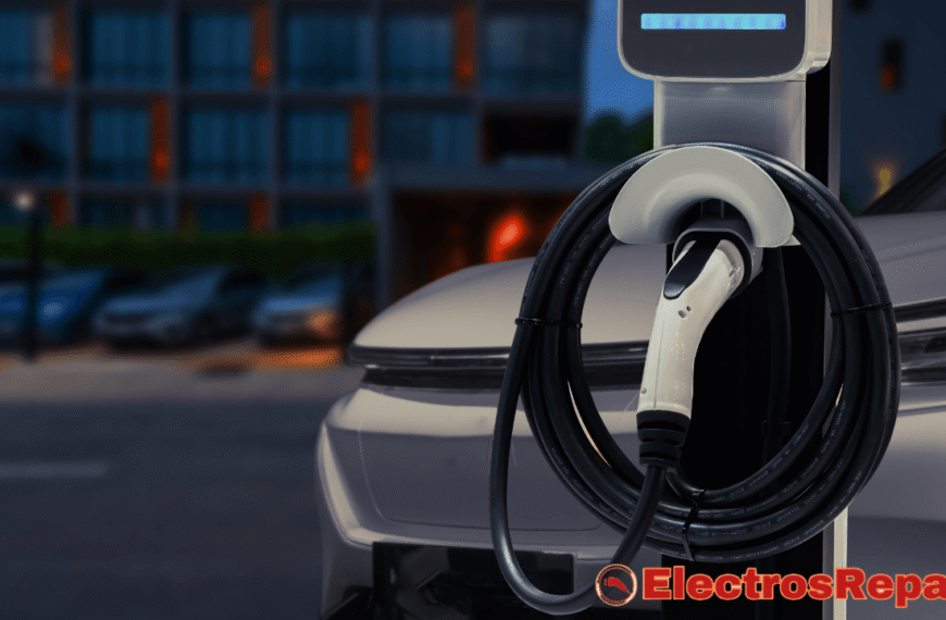 un coche eléctrico blanco cargando al anochecer. Un cable de carga negro, sin daños, conecta el vehículo a un poste de carga moderno con pantalla azul. El logo "ElectrosRepara" se superpone. La escena urbana de fondo, ligeramente desenfocada, complementa la vista de un cable de carga de coche eléctrico bien mantenido, transmitiendo seguridad y eficiencia en la carga.