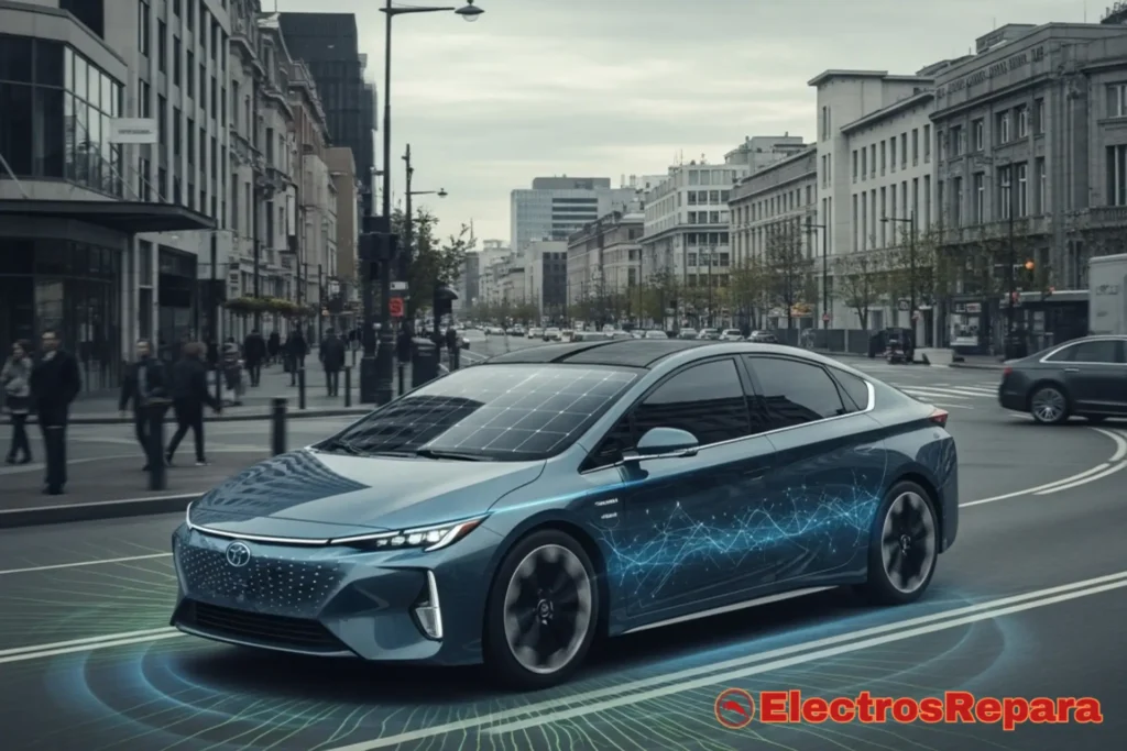 Un coche eléctrico moderno circulando por una ciudad, simbolizando la conducción eficiente y la tecnología avanzada del frenado regenerativo.