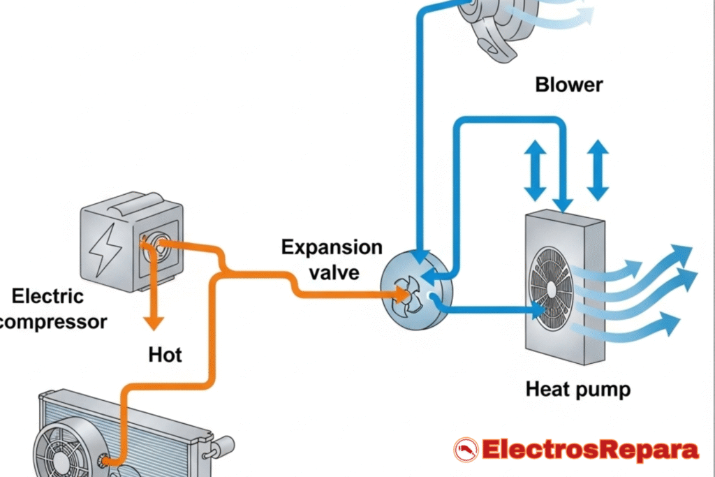 Diagrama esquemático del sistema de climatización de coches eléctricos. Muestra un compresor eléctrico, condensador con ventilador, válvula de expansión, bomba de calor y ventilador, interconectados por líneas naranjas (refrigerante caliente) y azules (refrigerante frío), ilustrando su funcionamiento independiente del motor de combustión.