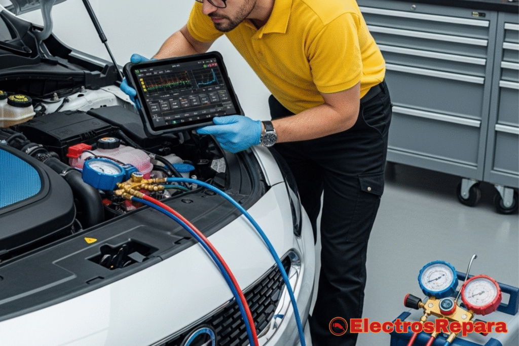 Un técnico con gafas y camisa amarilla diagnostica el sistema de climatización de un coche eléctrico con el capó abierto. Sostiene un dispositivo digital que muestra datos, mientras mangueras rojas y azules conectan manómetros a los puertos del sistema, indicando una inspección técnica precisa de presiones y rendimiento.