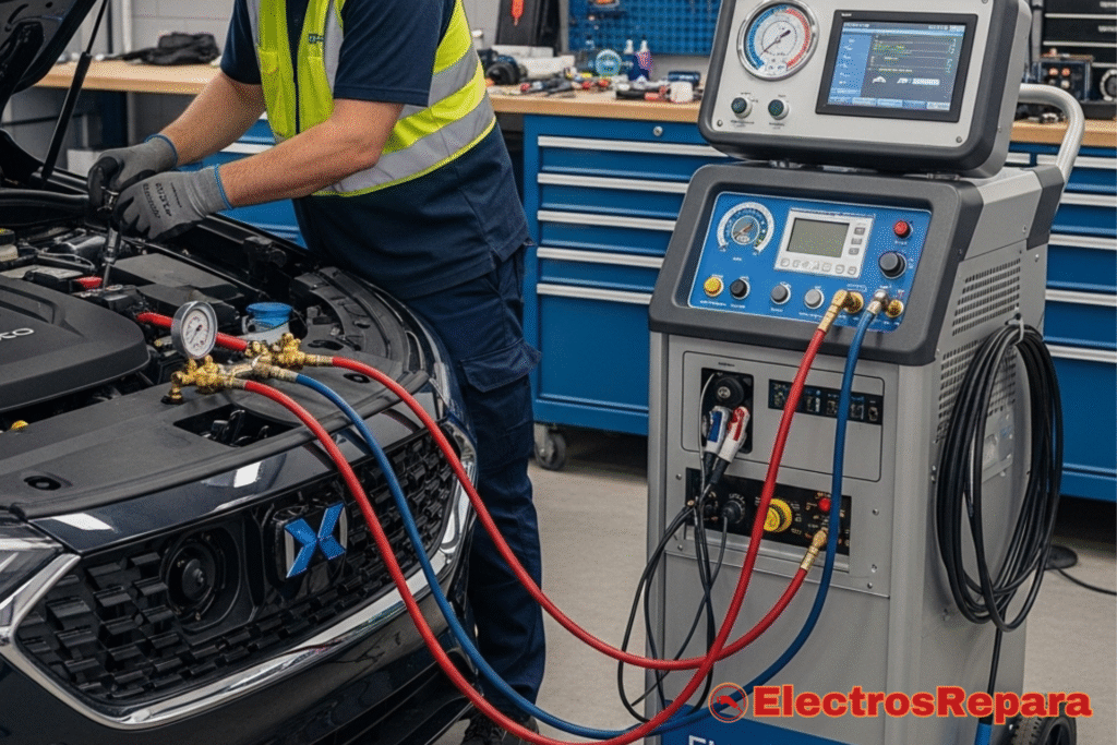 Un técnico con chaleco de seguridad y guantes trabaja bajo el capó de un coche eléctrico, conectado a una máquina de recarga y diagnóstico de AC con "ELECTRIC" visible. La escena de taller muestra un equipo especializado para el mantenimiento y reparación del sistema de climatización del vehículo eléctrico.