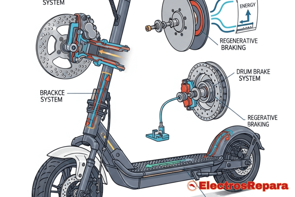 Un patinete eléctrico con los diferentes tipos de frenos (disco, tambor, regenerativo) resaltados, en un estilo de ilustración técnica con colores vibrantes