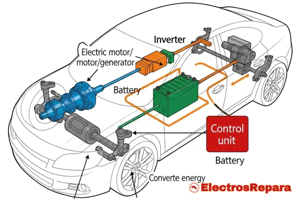 Diagrama de un coche eléctrico que muestra el sistema de frenado regenerativo, incluyendo el motor eléctrico, la batería y la unidad de control, ilustrando la conducción eficiente.
