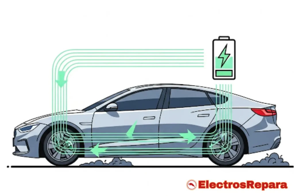 Ilustración de un coche eléctrico mostrando el sistema de frenado regenerativo, destacando la conducción eficiente y el flujo de energía hacia la batería.