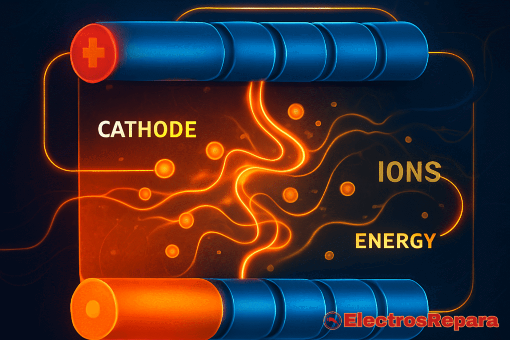 Gráfico que ilustra el flujo de iones y energía entre un cátodo y un ánodo en una batería, con un fondo brillante.