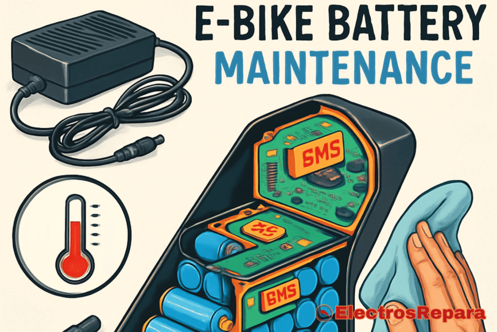 Ilustración que muestra el mantenimiento de una batería para bicicletas eléctricas, con un cargador, un gráfico de temperatura y una persona limpiando la batería