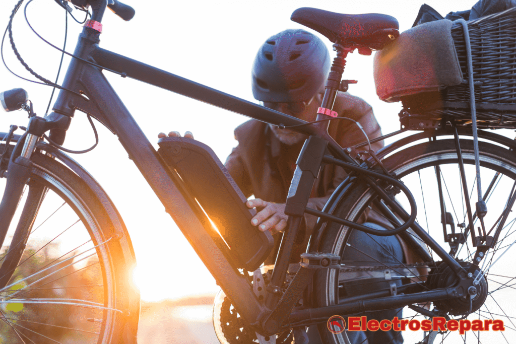 Una persona está instalando una batería para bicicletas eléctricas en un marco de bicicleta, con luz del sol brillando en el fondo.