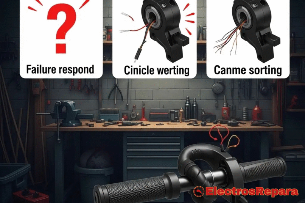 Imagen de un taller con un acelerador y textos sobre respuestas a fallos y clasificación de cables. El Acelerador de tu E-bike.