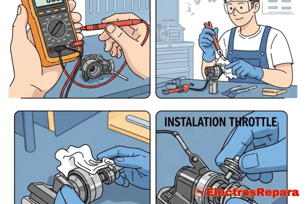 Instrucciones de instalación de un acelerador, incluyendo el uso de un multímetro y el proceso de limpieza. El Acelerador de tu E-bike.