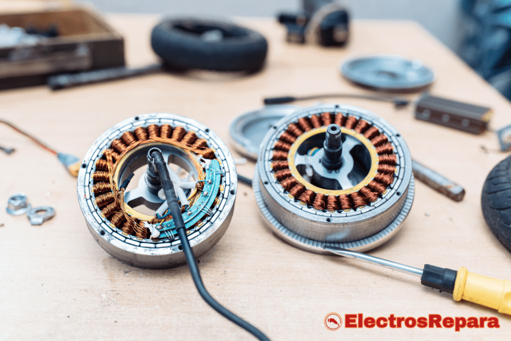 Dos motores de patinete eléctrico desmontados sobre una mesa de trabajo desordenada con herramientas y componentes. Uno de los motores muestra el bobinado de cobre y elementos internos, mientras que el otro parece listo para ser reparado.
