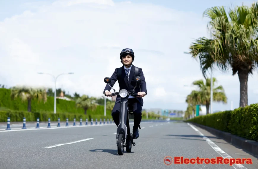 Un hombre de negocios en su patinete eléctrico, mostrando el motor de patinete eléctrico mientras se desplaza por una avenida soleada.