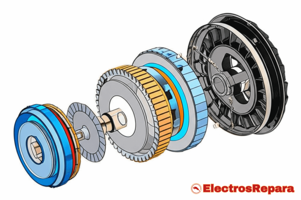  Ilustración técnica despiezada de un motor de patinete eléctrico, mostrando sus componentes internos en detalle, incluyendo el rotor, el estator y los rodamientos.
