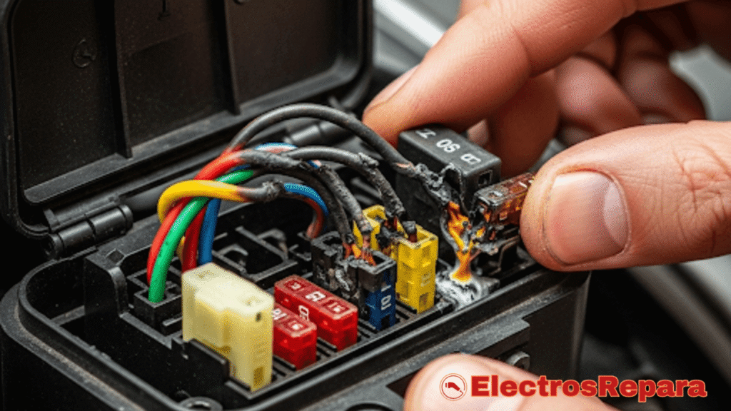 Manos inspeccionando una caja de fusibles de moto eléctrica con un fusible quemado, y cables expuestos, en un estilo fotorrealista.