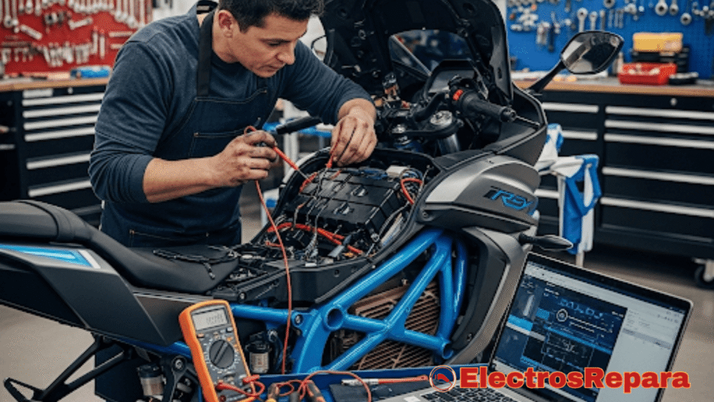 Una persona realizando un diagnóstico general en una moto eléctrica, con herramientas y el capó abierto, en un entorno de taller, estilo fotorrealista.