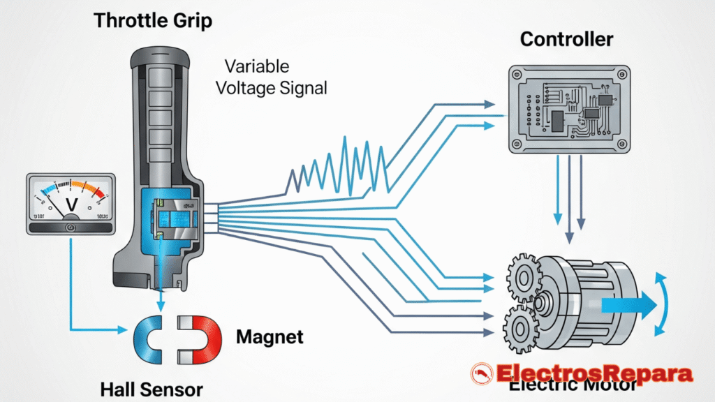 Un diagrama claro y moderno que ilustra el flujo de señal desde el puño de gas moto eléctrica hasta el controlador y finalmente al motor. El puño debe mostrar un sensor Hall interno y un imán, con líneas de energía que se extienden hacia un controlador estilizado y luego hacia un motor eléctrico. Los elementos clave deben estar etiquetados de forma concisa para facilitar la comprensión del funcionamiento acelerador electrico motocicleta.