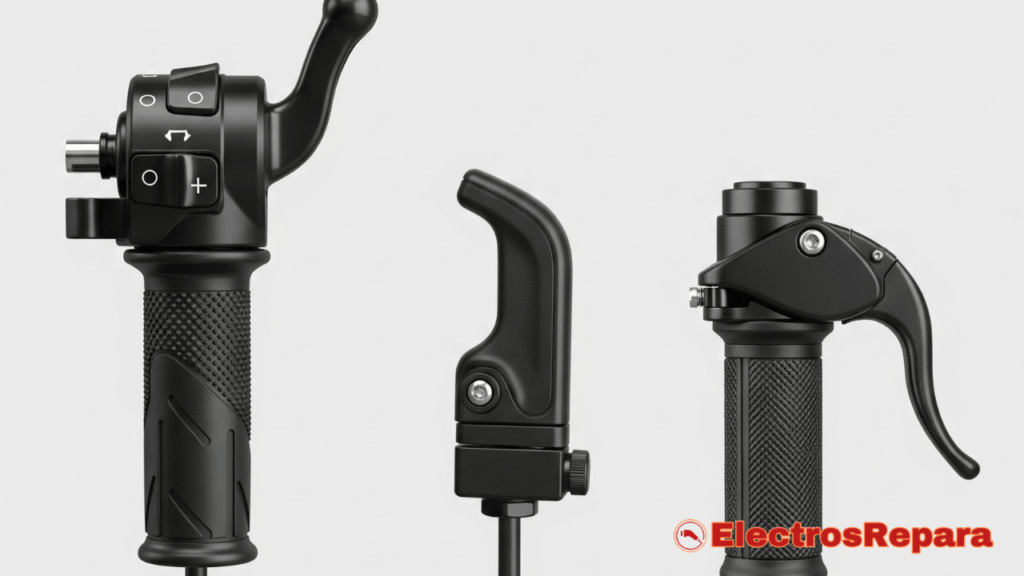 Una composición visual que muestra los diferentes tipos acelerador moto eléctrica: un puño de gas de giro (twist throttle), un acelerador de pulgar (thumb throttle) y un acelerador de gatillo (trigger throttle). Cada tipo debe estar claramente diferenciado y presentado de forma limpia sobre un fondo neutro, destacando sus características distintivas y su aplicación en motocicletas o scooters eléctricos.