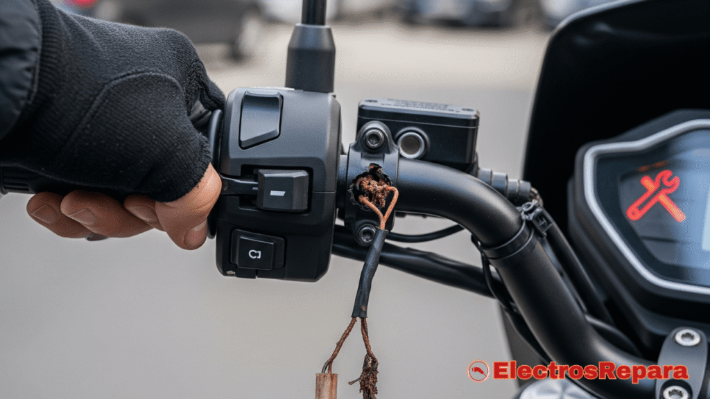 Una imagen que represente visualmente un problema común: un acelerador eléctrico de motocicleta con cables deshilachados o corroídos, o un conector suelto. Podría mostrar una mano intentando girar el puño sin respuesta, o una luz de advertencia en el tablero de una moto eléctrica. El objetivo es transmitir la frustración de las fallas acelerador moto eléctrica y la necesidad de una solución.