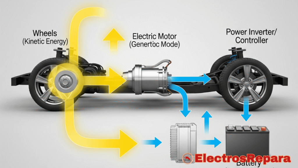 La imagen es un diagrama infográfico que ilustra el proceso de frenado regenerativo en un vehículo eléctrico. Muestra un chasis de coche con las ruedas, el motor eléctrico, el inversor de potencia/controlador y la batería, todos etiquetados.
Las flechas amarillas grandes y luminosas indican el flujo de energía cinética desde las ruedas hacia el motor eléctrico, con la etiqueta "Wheels (Kinetic Energy)". Una flecha amarilla también apunta desde el motor eléctrico hacia arriba, implicando que el motor también puede generar movimiento hacia las ruedas.
Flechas azules más pequeñas muestran la conversión de esta energía mecánica en energía eléctrica por parte del motor, actuando en "Generative Mode" (modo generador). Esta energía fluye a través del "Power Inverter/Controller" (Inversor de potencia/controlador) y hacia la "Battery (Energy Storage)" (Batería - Almacenamiento de energía).