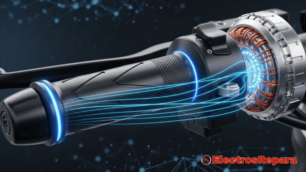 Una imagen impactante y dinámica que muestra un acelerador eléctrico de motocicleta en primer plano, con el puño de gas ligeramente girado. Detrás, se vislumbra una motocicleta eléctrica moderna en movimiento, con un efecto de velocidad o líneas de energía que emanan del acelerador hacia el resto de la moto. La iluminación debe ser dramática, resaltando la importancia del acelerador como el punto de control principal. El título del artículo podría superponerse sutilmente, reforzando el tema de la solución de problemas y el control.
