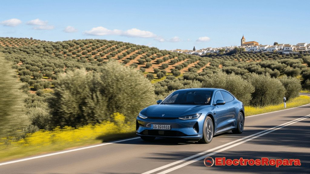 Un coche eléctrico circulando por una carretera escénica en España, con un paisaje característico de fondo. Esta imagen evoca la libertad y la aventura de los viajes largos en vehículos eléctricos, mostrando que la autonomía ya no es una barrera.