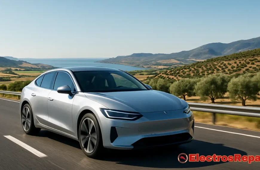 Un coche eléctrico circulando por una carretera escénica en España, con un paisaje típico español (como colinas onduladas o campos de olivos) de fondo. El coche se ve elegante y eficiente, simbolizando la facilidad de los viajes largos. El cielo es claro y brillante, transmitiendo una sensación de carretera abierta y aventura.